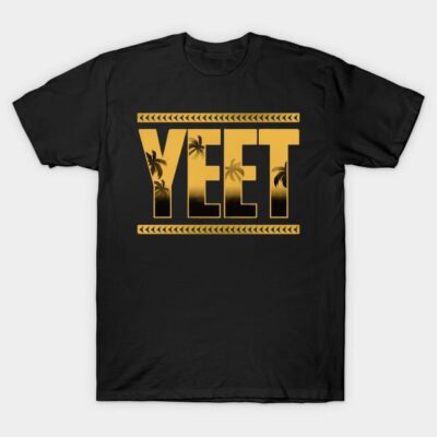 Black t-shirt with bold gold "YEET" text and palm tree design, casual style, made from soft cotton material.