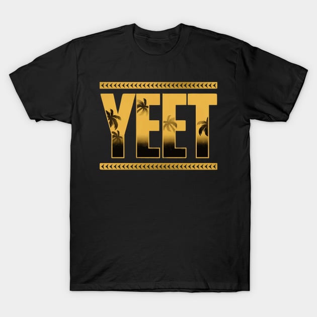 Black t-shirt with bold gold "YEET" text and palm tree design, casual style, made from soft cotton material.