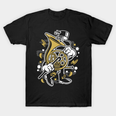 Black T-shirt with animated French horn design, featuring musical notes and whimsical graphics for music lovers.