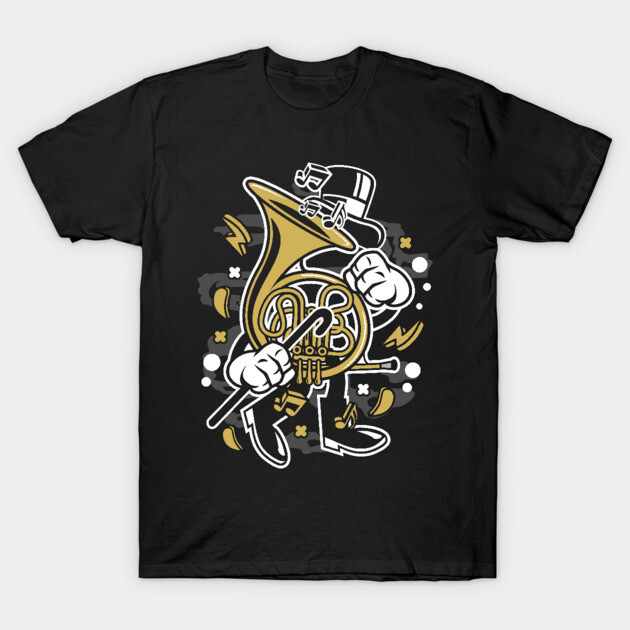 Black T-shirt with animated French horn design, featuring musical notes and whimsical graphics for music lovers.