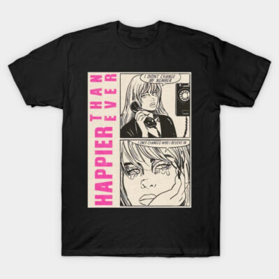 Black graphic T-shirt with comic-style design and "Happier Than Ever" slogan, casual wear, cotton material.