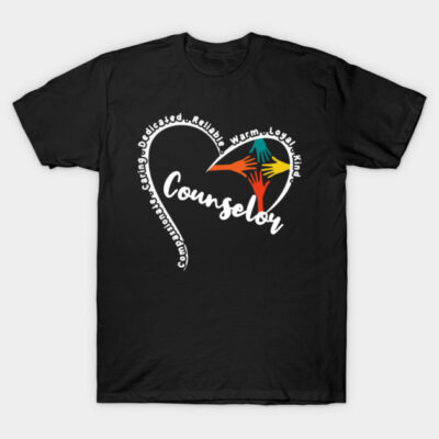 Black counselor-themed t-shirt with heart and hands design, featuring motivational words, made from soft cotton.