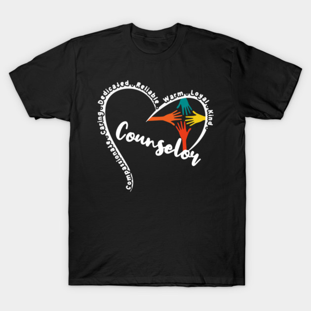 Black counselor-themed t-shirt with heart and hands design, featuring motivational words, made from soft cotton.