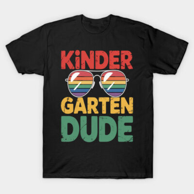Black "Kindergarten Dude" t-shirt with colorful text and sunglasses graphic, casual style, cotton fabric.