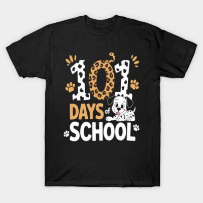 "Black 101 Days of School T-shirt with playful dog and paw print design, perfect for students celebrating milestone."