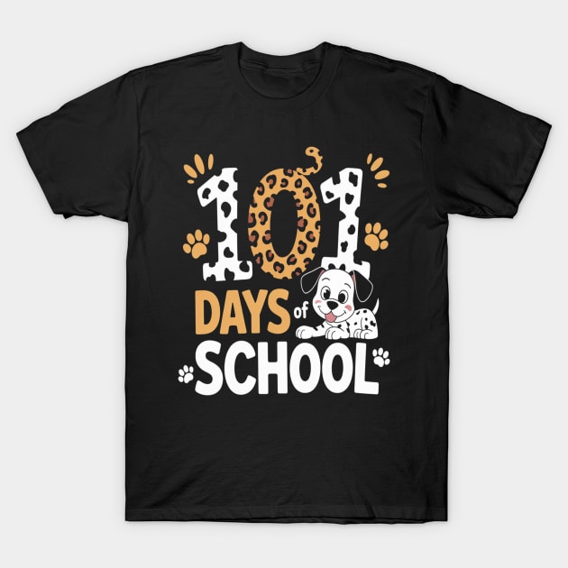 "Black 101 Days of School T-shirt with playful dog and paw print design, perfect for students celebrating milestone."