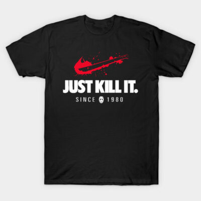 Black graphic t-shirt with red splatter design and bold white text, casual wear, cotton material.