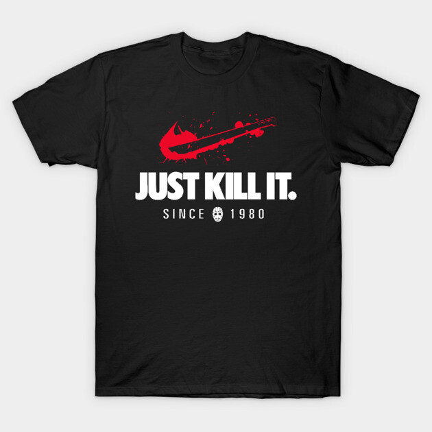 Black graphic t-shirt with red splatter design and bold white text, casual wear, cotton material.