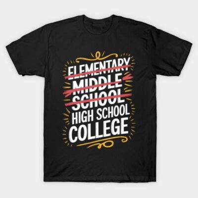 Black humorous graduation t-shirt with "College" text design. Casual style, perfect for school or college celebrations.