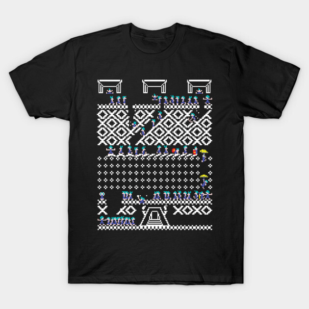 Black T-shirt with pixel art design, featuring abstract geometric patterns and colorful accents, casual and stylish.