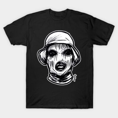 Black graphic t-shirt featuring bold, artistic masked face design, perfect for casual wear and street style fashion.