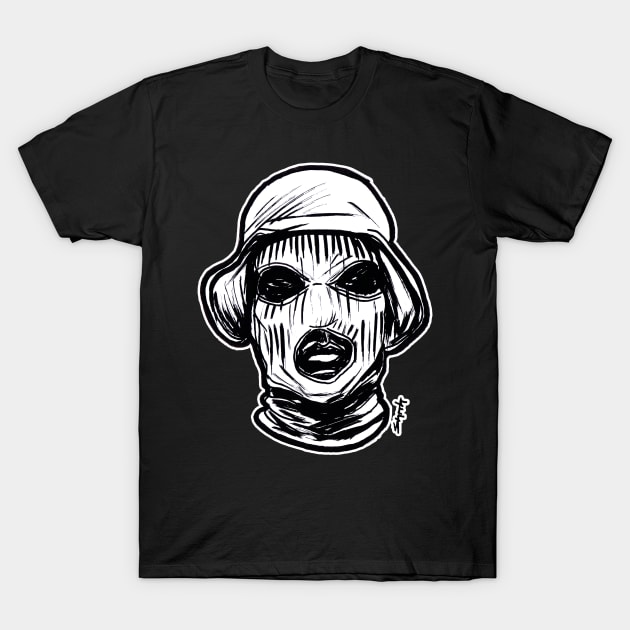 Black graphic t-shirt featuring bold, artistic masked face design, perfect for casual wear and street style fashion.