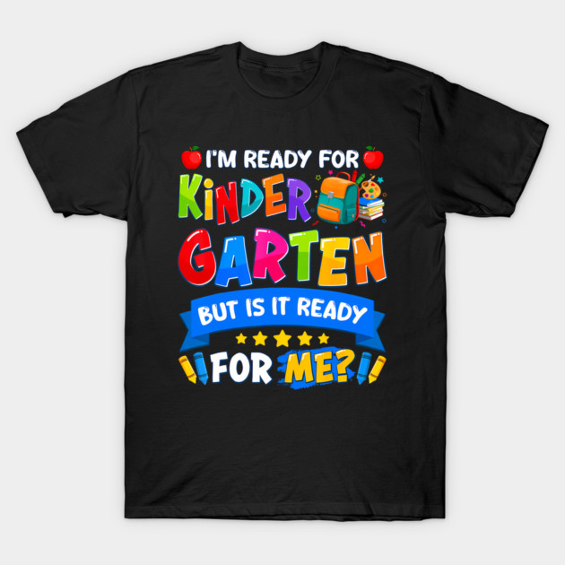 Black t-shirt with colorful kindergarten readiness print, featuring playful text and educational graphics.