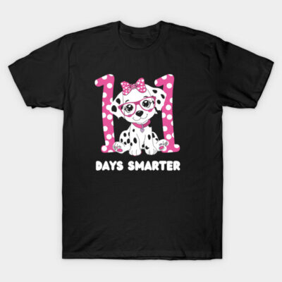"Black t-shirt with pink polka dot '101 Days Smarter' design featuring a dalmatian, ideal for casual wear."