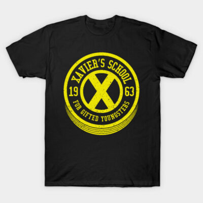 Black T-shirt with yellow "Xavier's School 1963" graphic, casual style, cotton material, ideal for everyday wear.