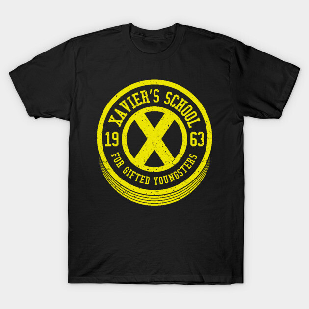 Black T-shirt with yellow "Xavier's School 1963" graphic, casual style, cotton material, ideal for everyday wear.