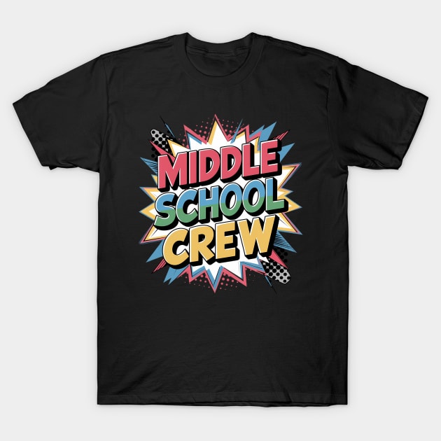 Black t-shirt with colorful "Middle School Crew" graphic, casual style, ideal for school events or everyday wear.