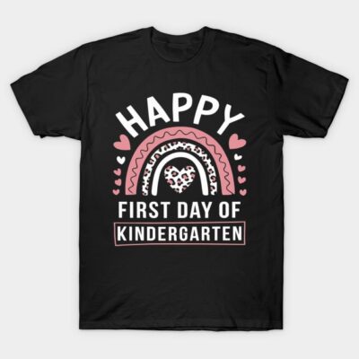 Black t-shirt with "Happy First Day of Kindergarten" text and pink heart rainbow design, perfect for school events.