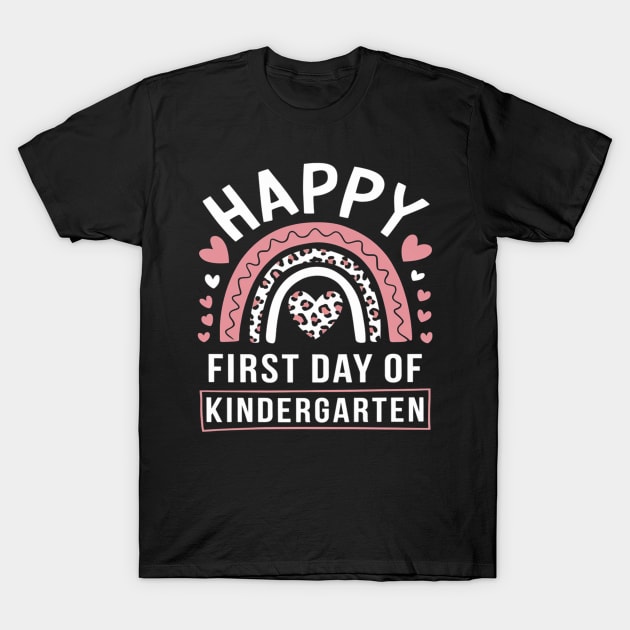 Black t-shirt with "Happy First Day of Kindergarten" text and pink heart rainbow design, perfect for school events.