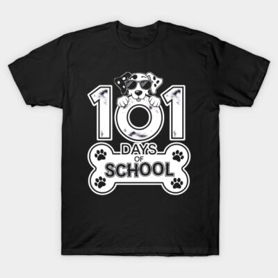 "Black T-shirt with '101 Days of School' design, featuring a cute dog in sunglasses, playful school-themed graphic."