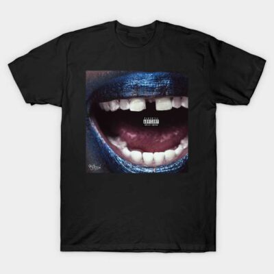 Black graphic t-shirt with bold blue lips design, casual wear, 100% cotton, unisex.