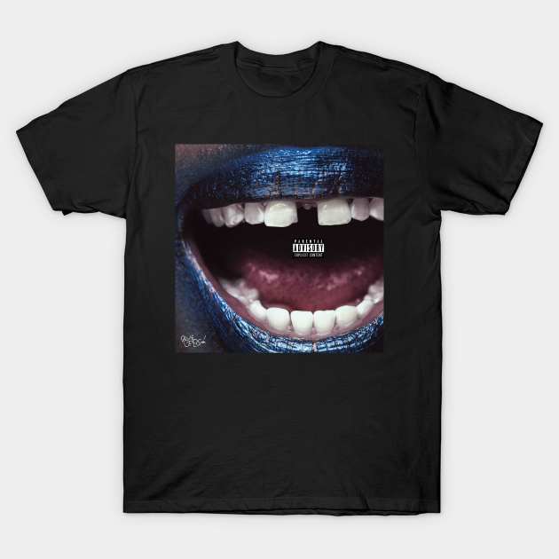 Black graphic t-shirt with bold blue lips design, casual wear, 100% cotton, unisex.