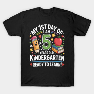 Black kindergarten t-shirt with colorful "1st Day of School" design featuring a pencil, apple, and books graphic.