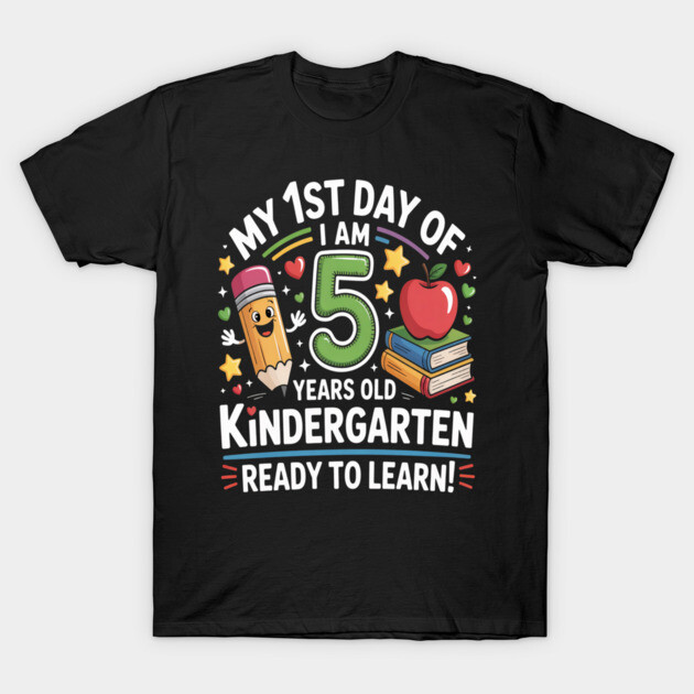 Black kindergarten t-shirt with colorful "1st Day of School" design featuring a pencil, apple, and books graphic.