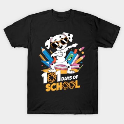 Black T-shirt with playful dog graphic and "101 Days of School" text, ideal for back-to-school celebrations.