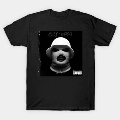 Black graphic t-shirt with bold album artwork, casual style, 100% cotton, unisex design, perfect for music fans.