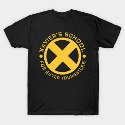 Black T-shirt with yellow logo and "Xavier's School for Gifted Youngsters" text, ideal for casual wear.