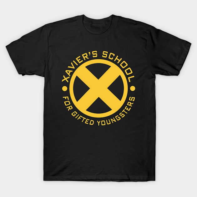 Black T-shirt with yellow logo and "Xavier's School for Gifted Youngsters" text, ideal for casual wear.