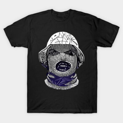 Black graphic t-shirt featuring abstract geometric design in gray and white, casual unisex style, soft cotton material.