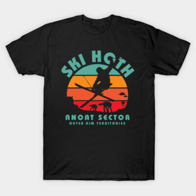 Black T-shirt with retro skiing graphic, featuring sunset colors and text "Ski Hoth Anot Sector Outer Rim Territories".