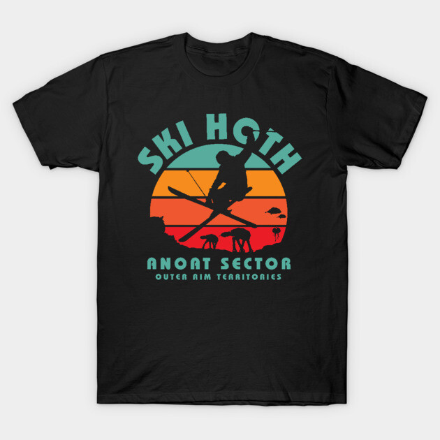 Black T-shirt with retro skiing graphic, featuring sunset colors and text "Ski Hoth Anot Sector Outer Rim Territories".