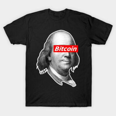 Black graphic t-shirt featuring a historic figure design with bold red "Bitcoin" text overlay, casual wear.