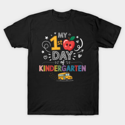 Black "My 1st Day of Kindergarten" graphic t-shirt with colorful design, perfect for school events and celebrations.
