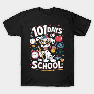 Black t-shirt with colorful "101 Days of School" print, featuring a cartoon dog and school-themed graphics.