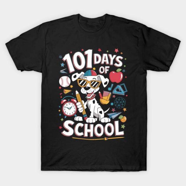 Black t-shirt with colorful "101 Days of School" print, featuring a cartoon dog and school-themed graphics.