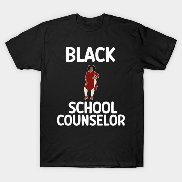 Black t-shirt with "Black School Counselor" text and illustration, ideal for educators, cotton material.
