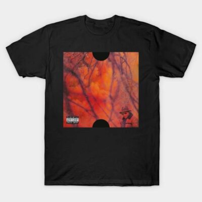 Black graphic t-shirt with abstract orange and black design, casual wear, soft cotton material, unisex style.