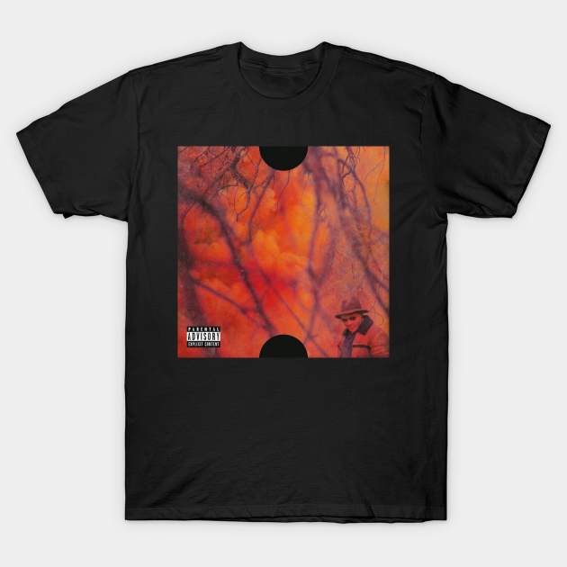 Black graphic t-shirt with abstract orange and black design, casual wear, soft cotton material, unisex style.