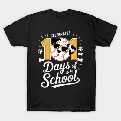 Black "101 Days of School" t-shirt with dog and baseball design, unisex style, perfect for school celebrations.