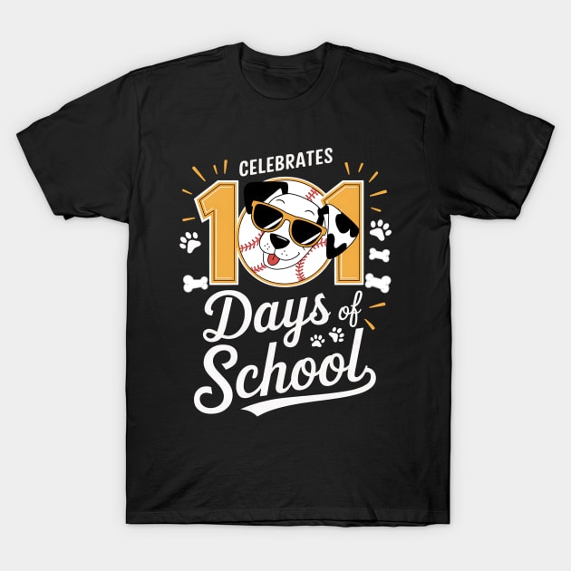 Black "101 Days of School" t-shirt with dog and baseball design, unisex style, perfect for school celebrations.