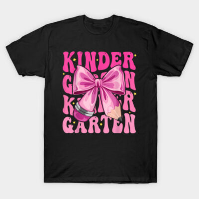 Black t-shirt with pink "Kindergarten" text, featuring a large pink bow and pencil design. Fun school style.