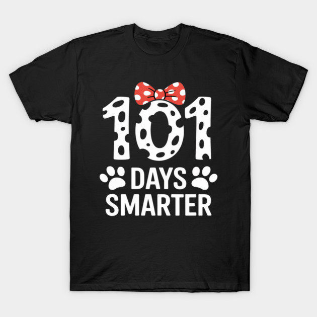Black "101 Days Smarter" T-shirt, playful design with red bow and paw prints, ideal for casual wear and celebrations.