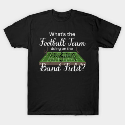 Black cotton t-shirt with humorous band and football graphic, perfect for music lovers and casual wear.