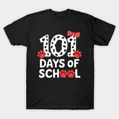 Black "101 Days of School" t-shirt with red paw prints and bow motif, perfect for school celebrations.