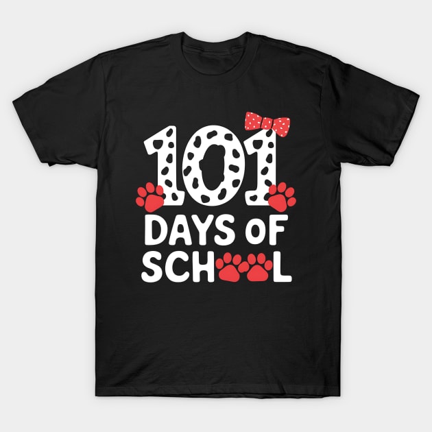 Black "101 Days of School" t-shirt with red paw prints and bow motif, perfect for school celebrations.