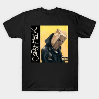 Black graphic T-shirt featuring bold, artistic album cover design with graffiti text, perfect for casual wear.